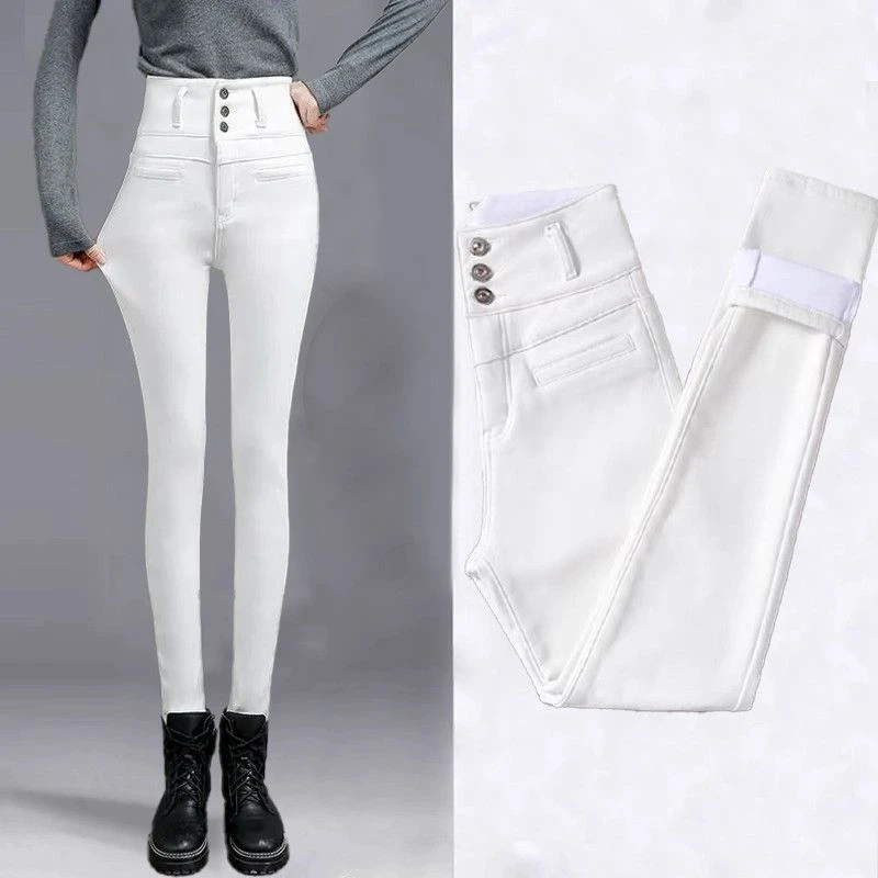 秋冬加绒白色牛仔裤打底裤女外穿高腰显瘦百搭显瘦小脚铅笔裤靴裤