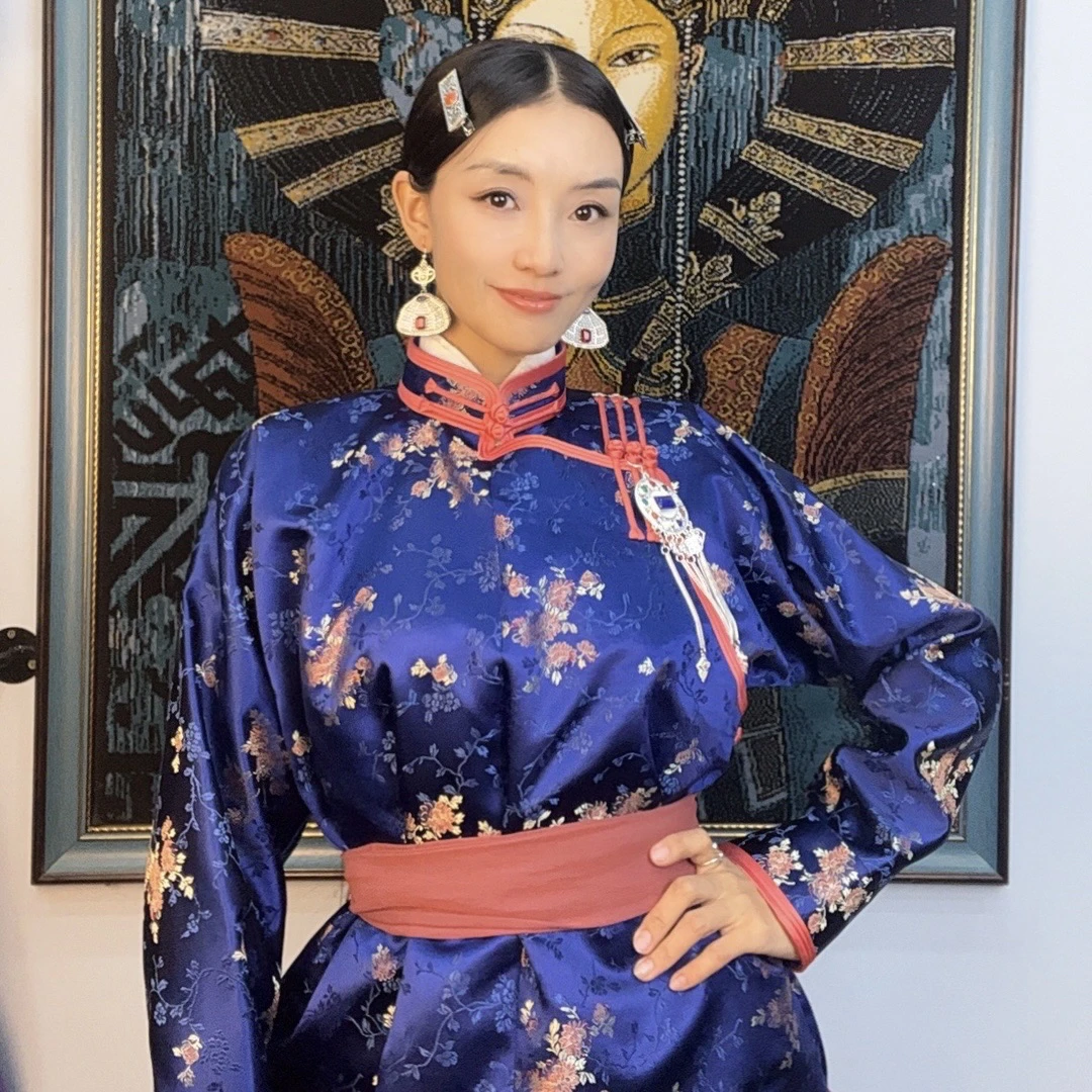 【丝棱锆】藏蓝色传统蒙古袍单里衬民族服装少女感高级感