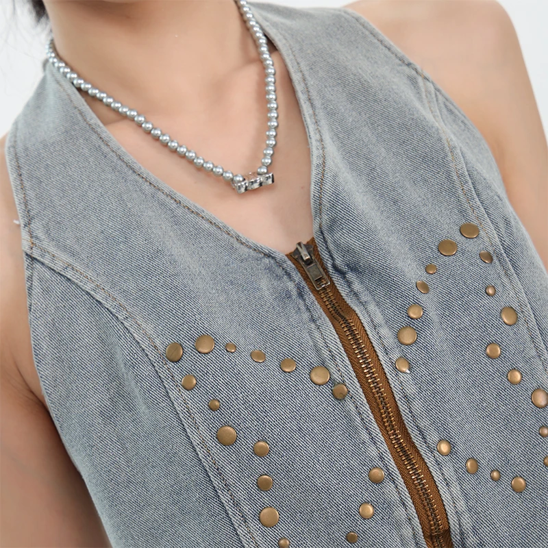 【五折福利】KEN STUDIO新款美式辣妹蓝色高领无袖T恤短款牛仔上衣