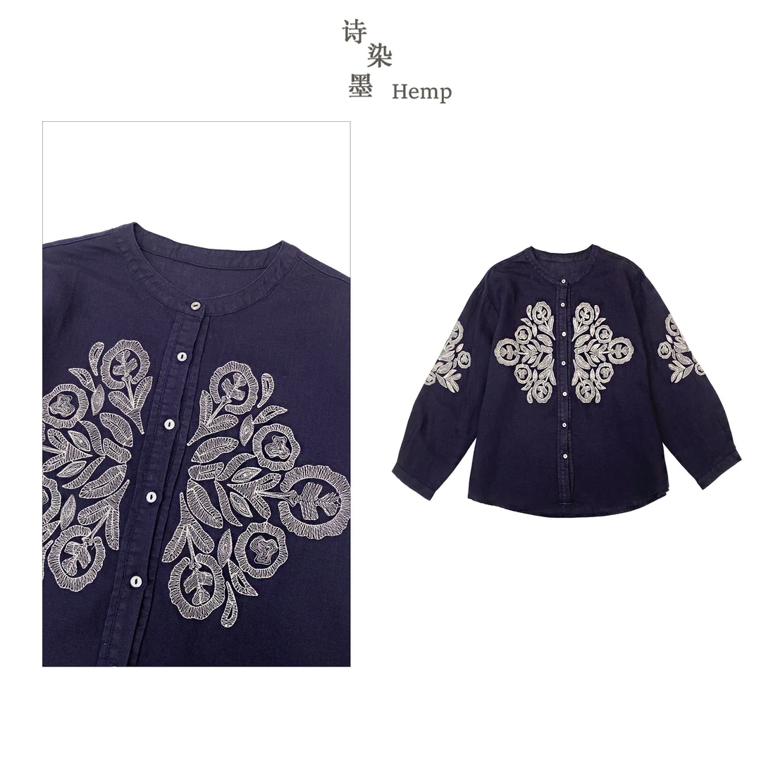 【双雨露亚麻】4937 立领重工花卉刺绣麻衬衫