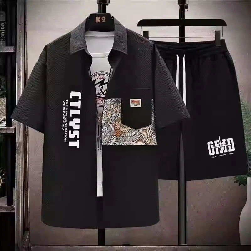 夏季短袖衬衣套装男翻领衬衫短裤套装潮流宽松加肥加大码休闲套装