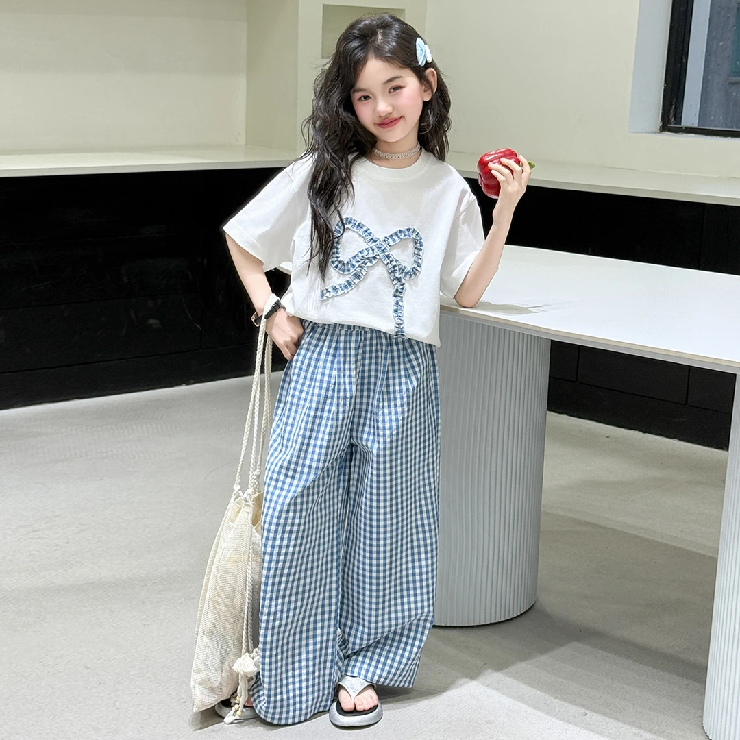 女大童夏季短袖套装2025新款洋气薄款女孩休闲t恤格子裤两件套潮