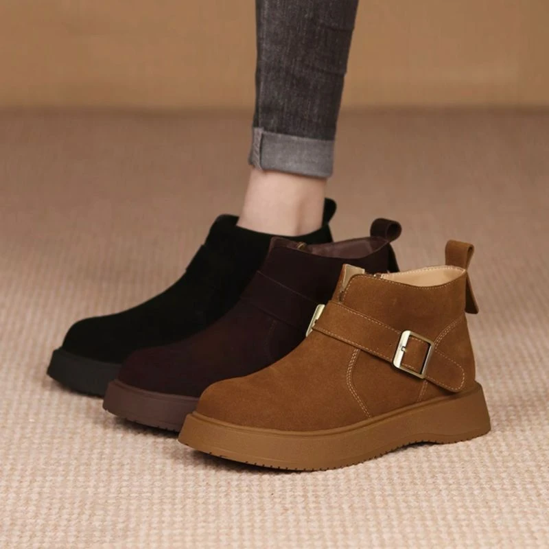 秋冬新款女鞋2025百搭短靴复古真皮厚底棉鞋加绒时尚勃肯鞋马丁靴
