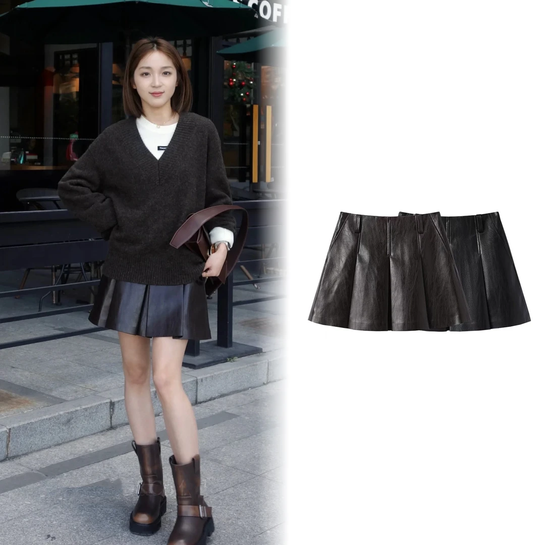【1260】2025春季新款高腰PU百褶皮裙短裙女