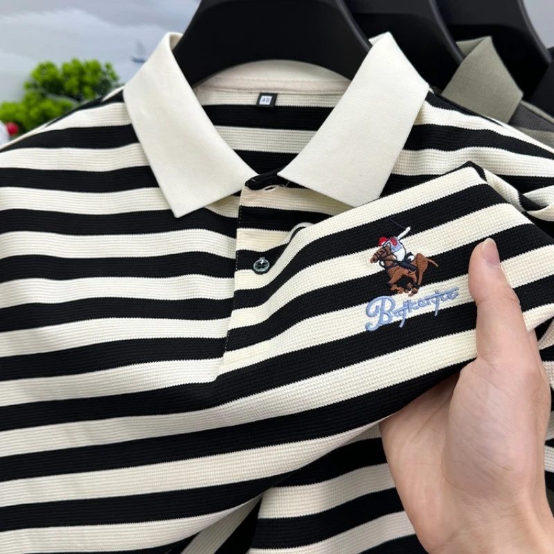 CATIA SELI经典条纹短袖t恤男士夏季翻领刺绣polo衫潮宽松上衣