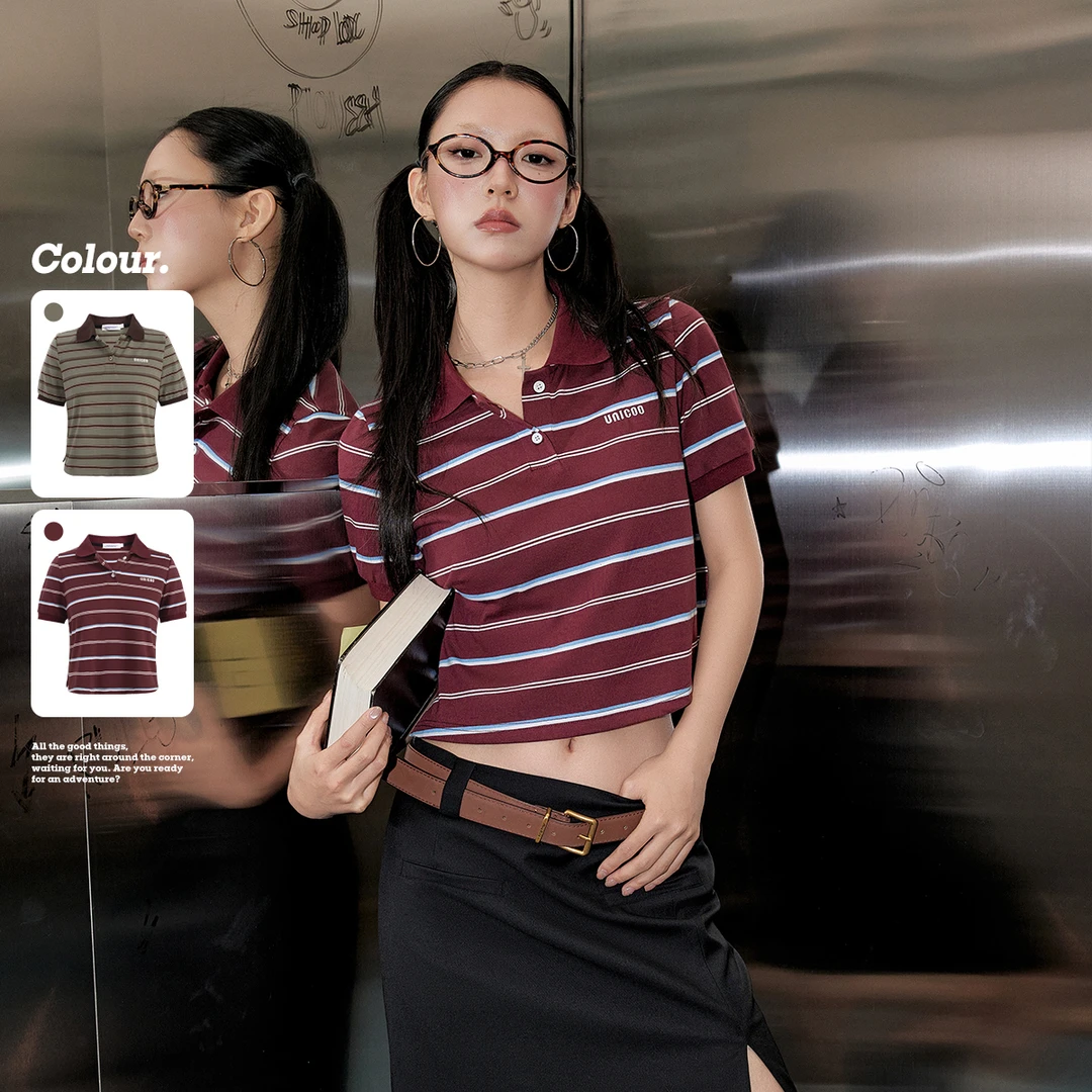 unifree【25年夏】条纹polo领短袖T恤女u系学院风复古正肩上衣