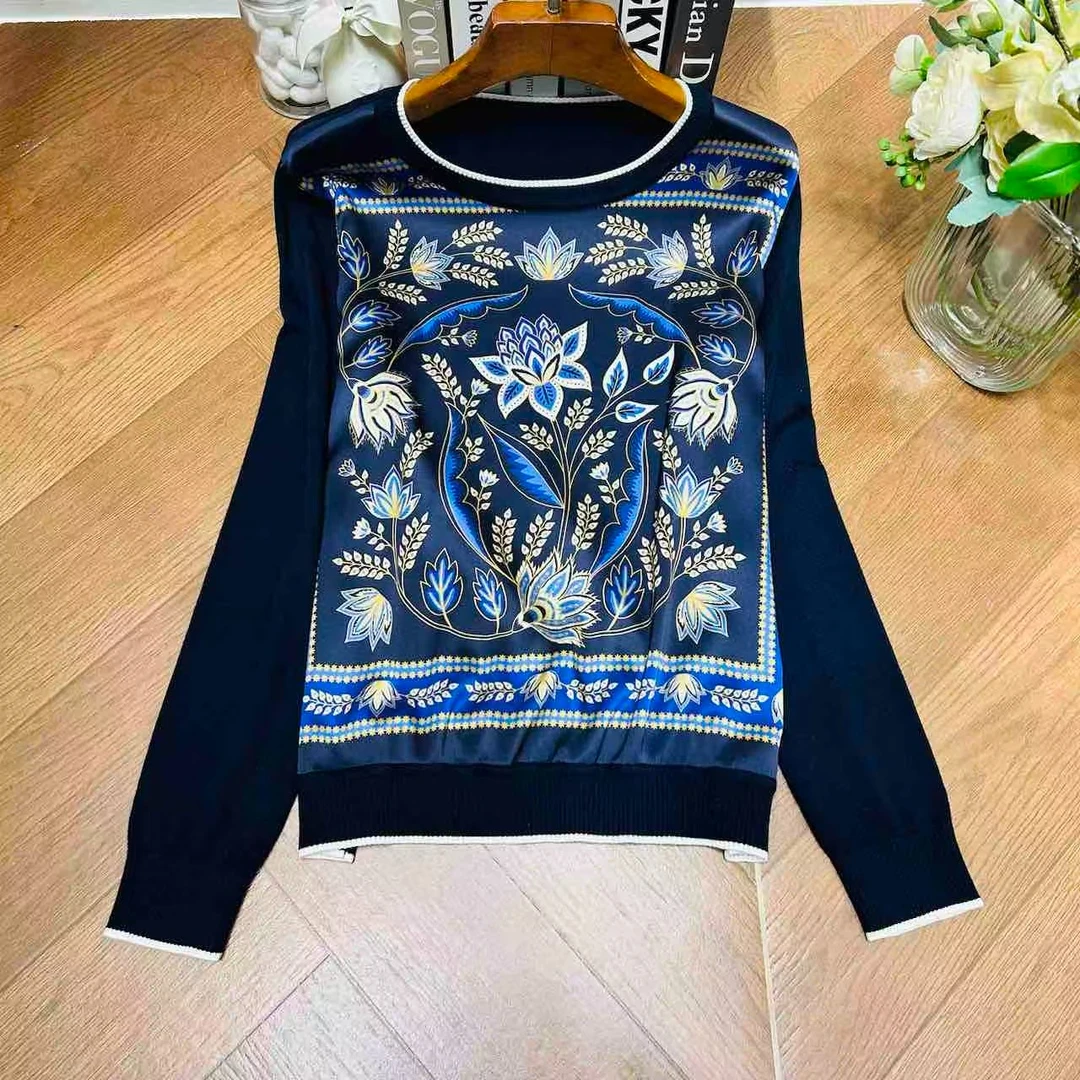 AW 25192 2025秋【步步生莲】桑蚕丝印花拼接绢丝羊毛开衫
