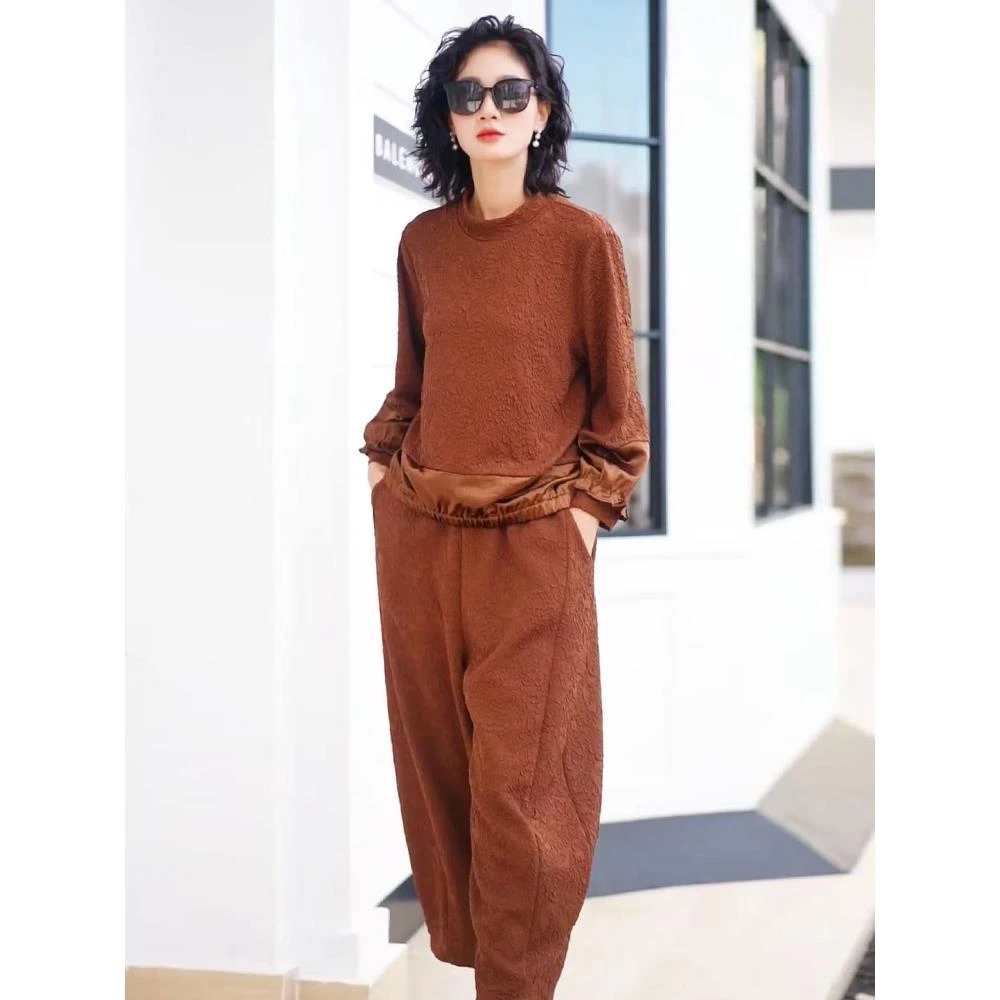 K277高端大码提花棉宽松遮肚上衣秋季显瘦洋气减龄气质时尚两件套