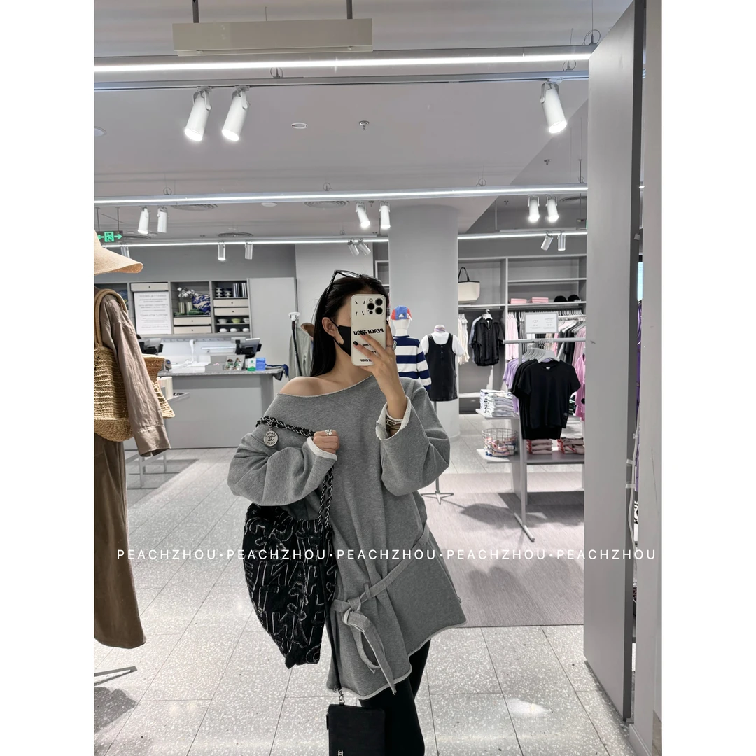 『PEACHZHOU』卷边腰带露肩宽松毛圈卫衣休闲设计感时髦长袖上衣女