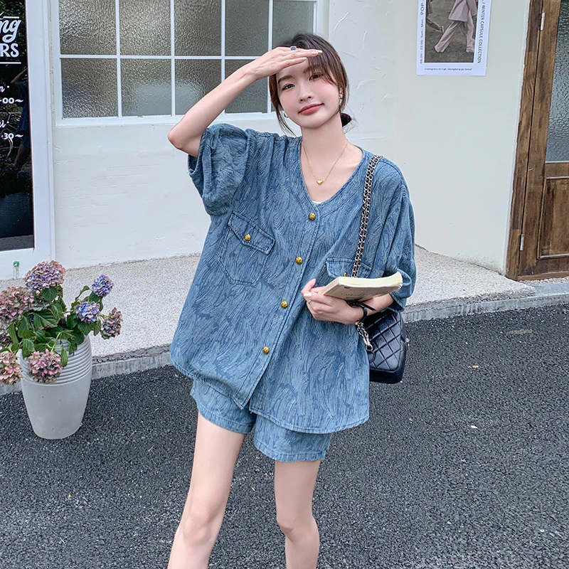 今年流行爆款小个子时尚套装女2025夏季新款提花牛仔短裤两件套