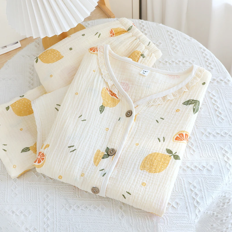 带胸垫~A类双层纱睡衣女纯棉长袖薄款透气吸汗100%全棉家居服套装