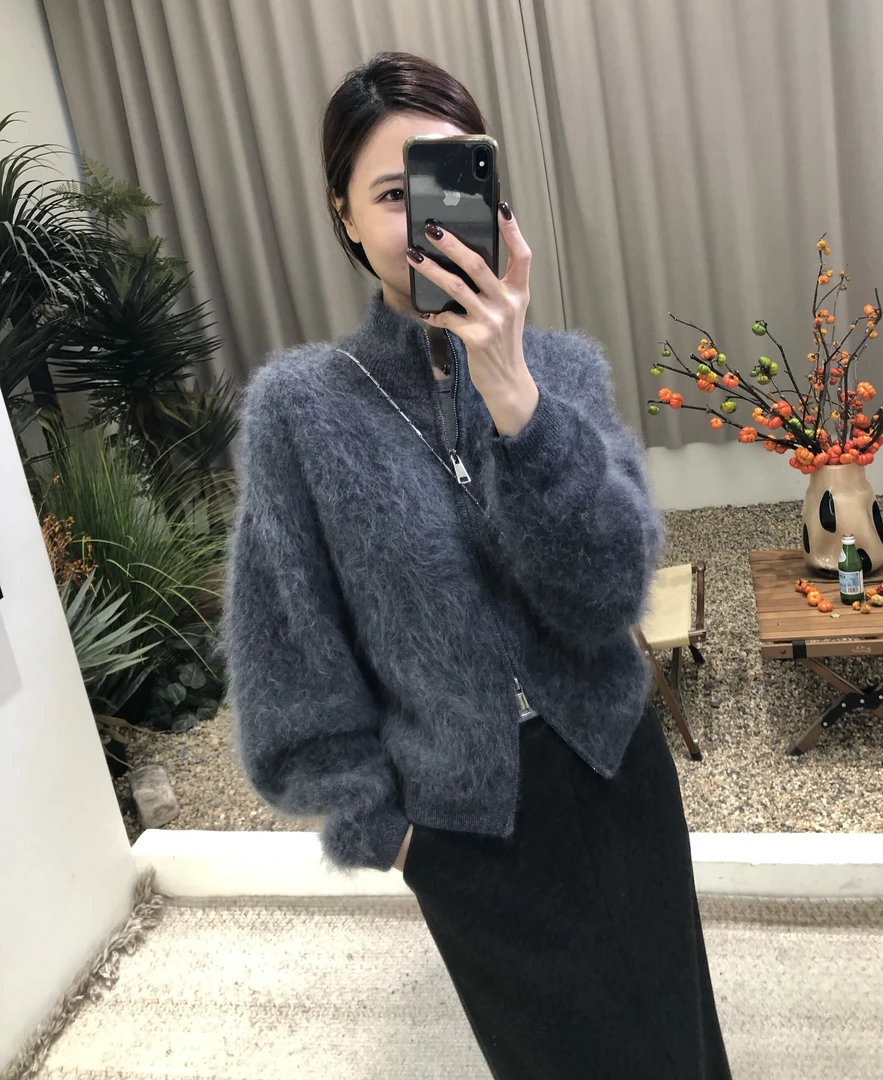 奢柔高品‘精工拉毛双拉链羊毛时尚显瘦气质针织开衫毛衣休闲外套
