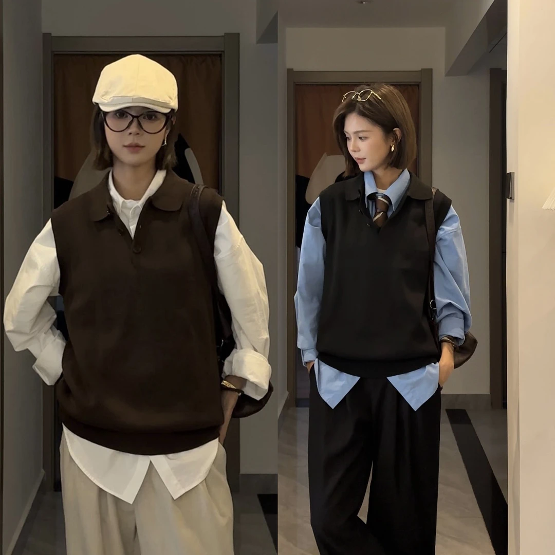 韩版休闲polo领针织衫时尚马甲秋冬小众美拉德深棕色毛衣背心坎肩