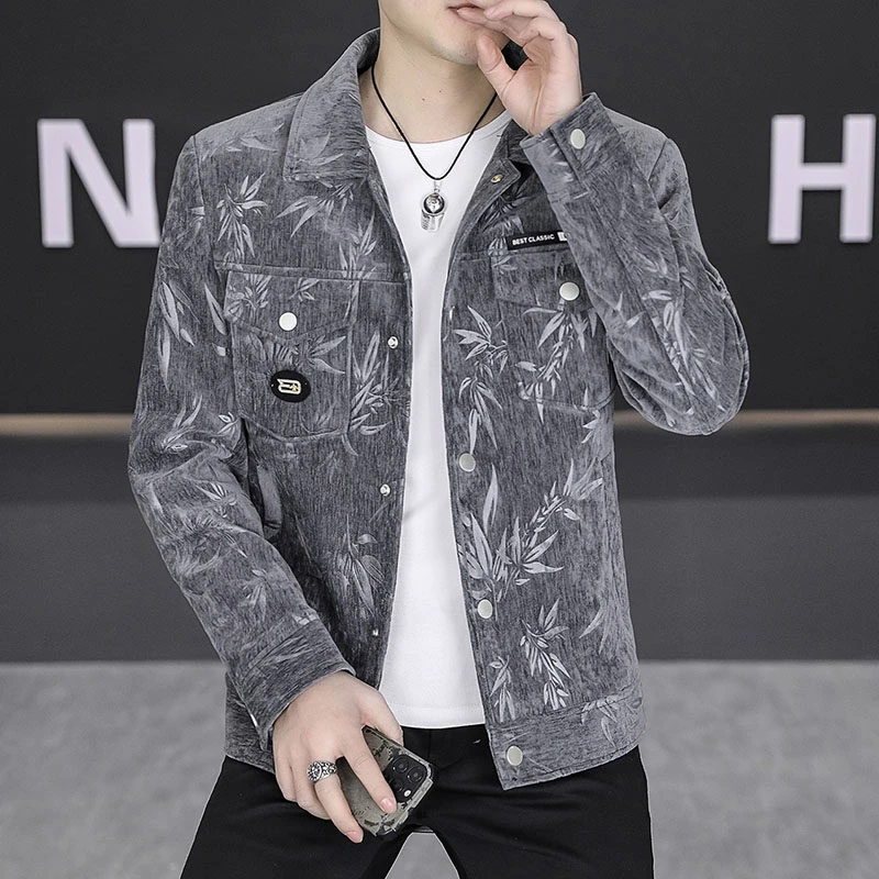 2025春秋季新款翻领时尚夹克高级感印花外套男士休闲百搭潮流上衣