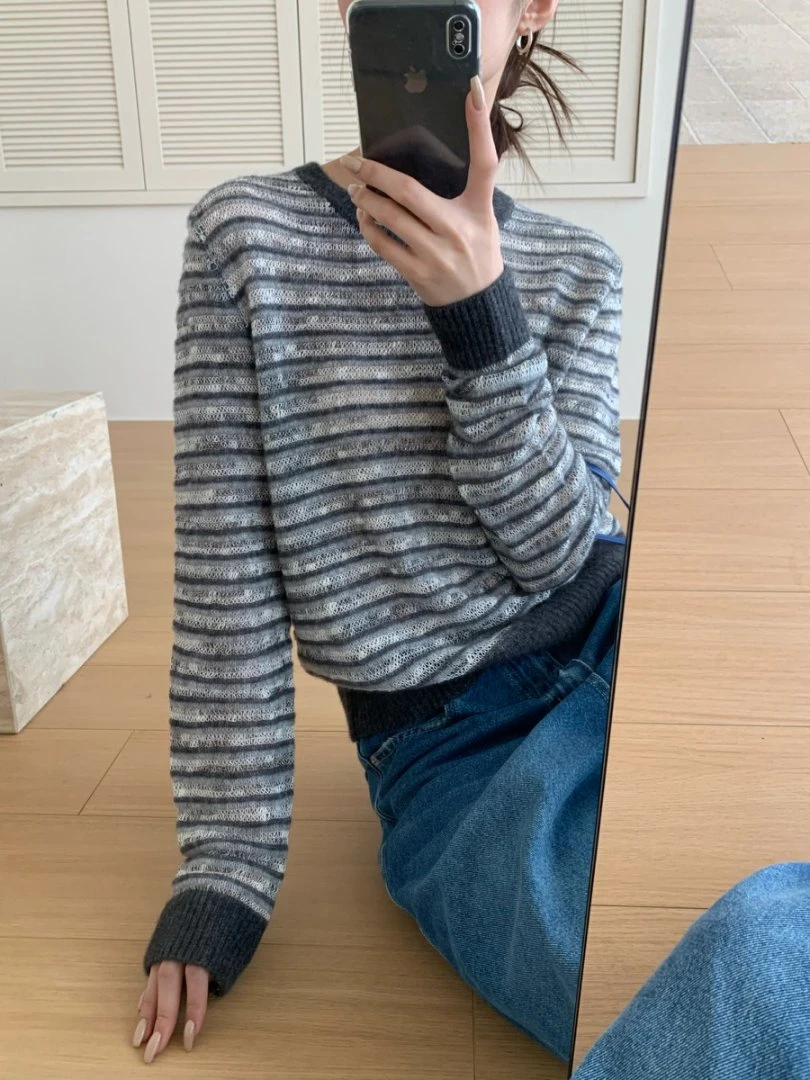 【素简.510151】秋冬新款驼羊绒夹条特种纱小设计女装上新针织衫