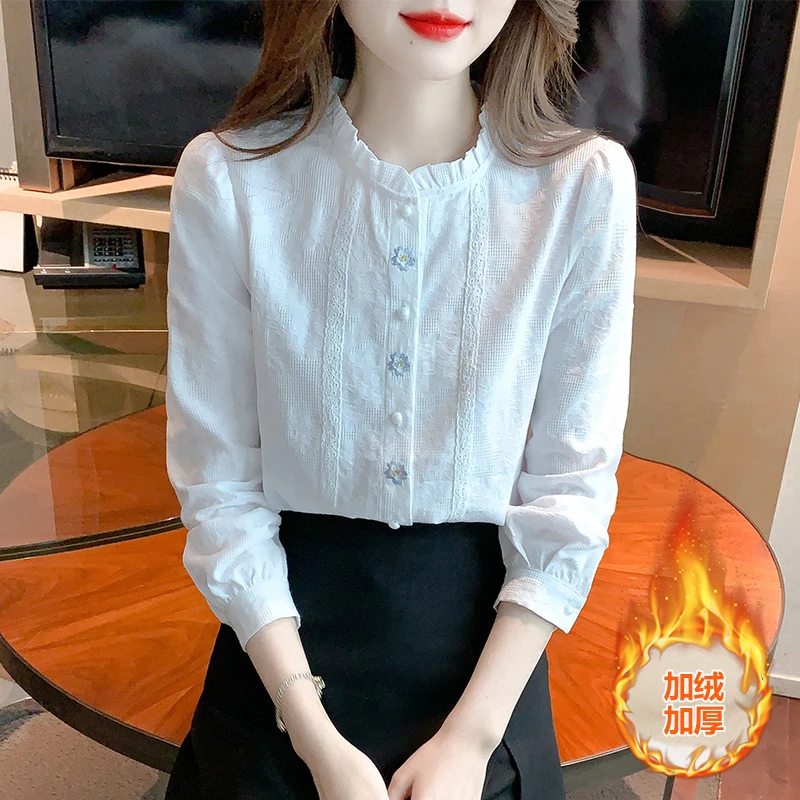 2025春秋新款木耳边立领纯棉衬衫女长袖刺绣花朵洋气衬衣棉上衣