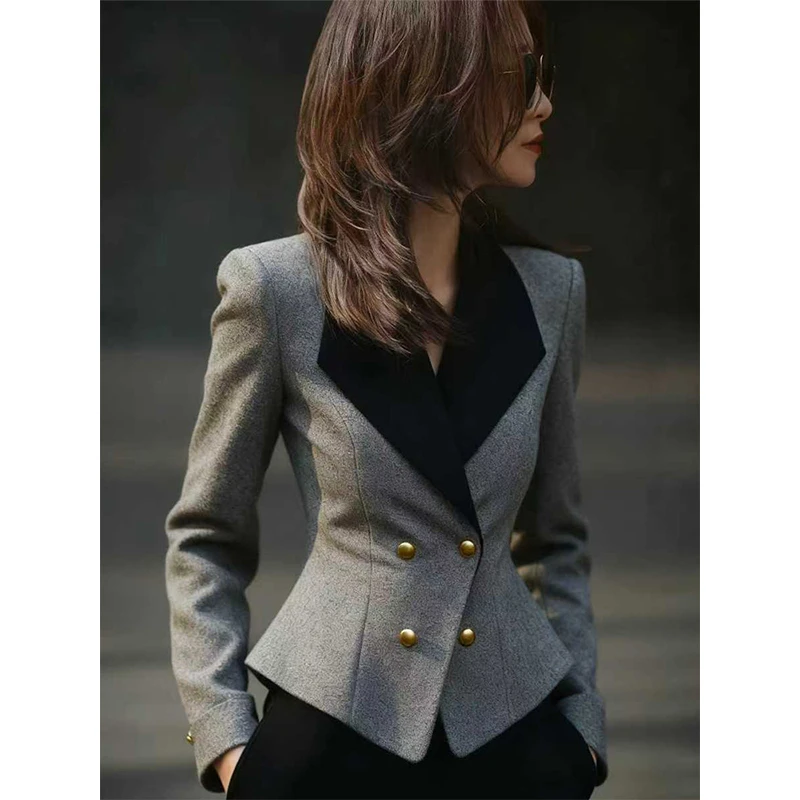 2025年法式轻熟风双排扣撞色拼接西装外套女收腰显瘦百搭通勤上衣