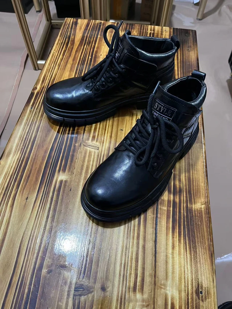 休闲皮鞋男冬季时尚厚底增高加绒保暖潮鞋高帮百搭工装靴头层牛皮