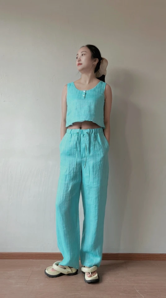 肌理竖条柔软汉麻宽松直筒休闲裤松紧腰保暖阔腿背心长裤家居外穿