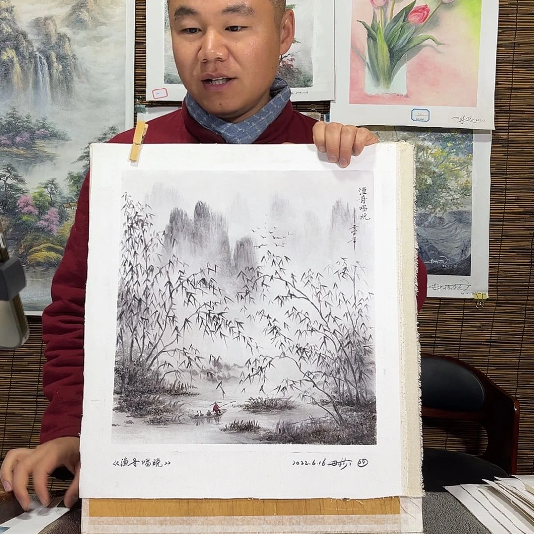 油画行路人小院绘画作品