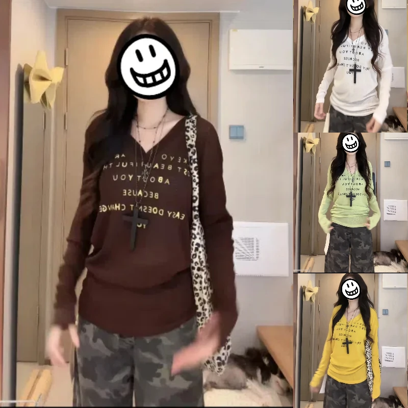 【6-8运补】新款字母印花薄款防晒上衣V领百搭时尚长袖T恤+白色圆领