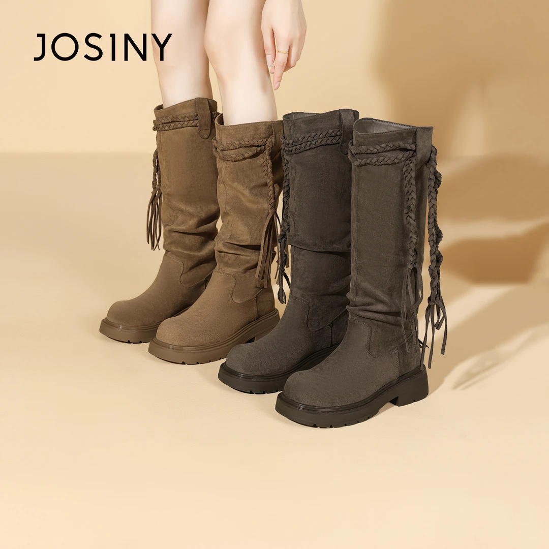 卓诗尼复古长筒西部靴女2025新款秋冬流苏高筒骑士靴美拉德堆堆靴