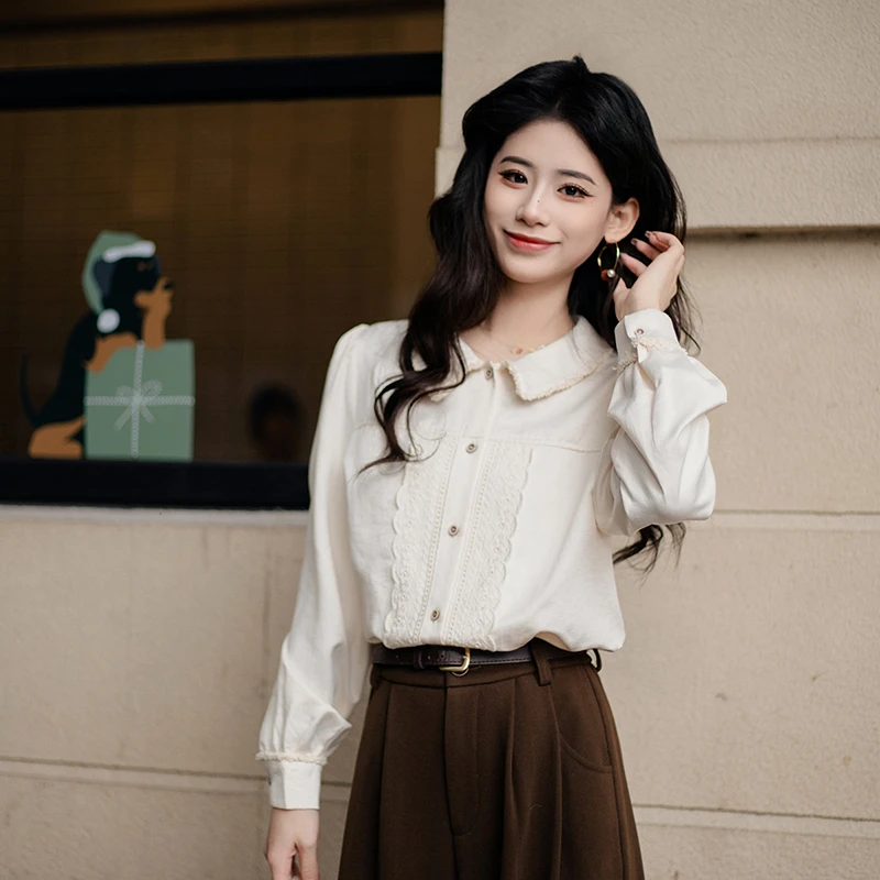 张嘉圆  25新款秋冬百搭复古港风复古港风翻领衬衫#7490