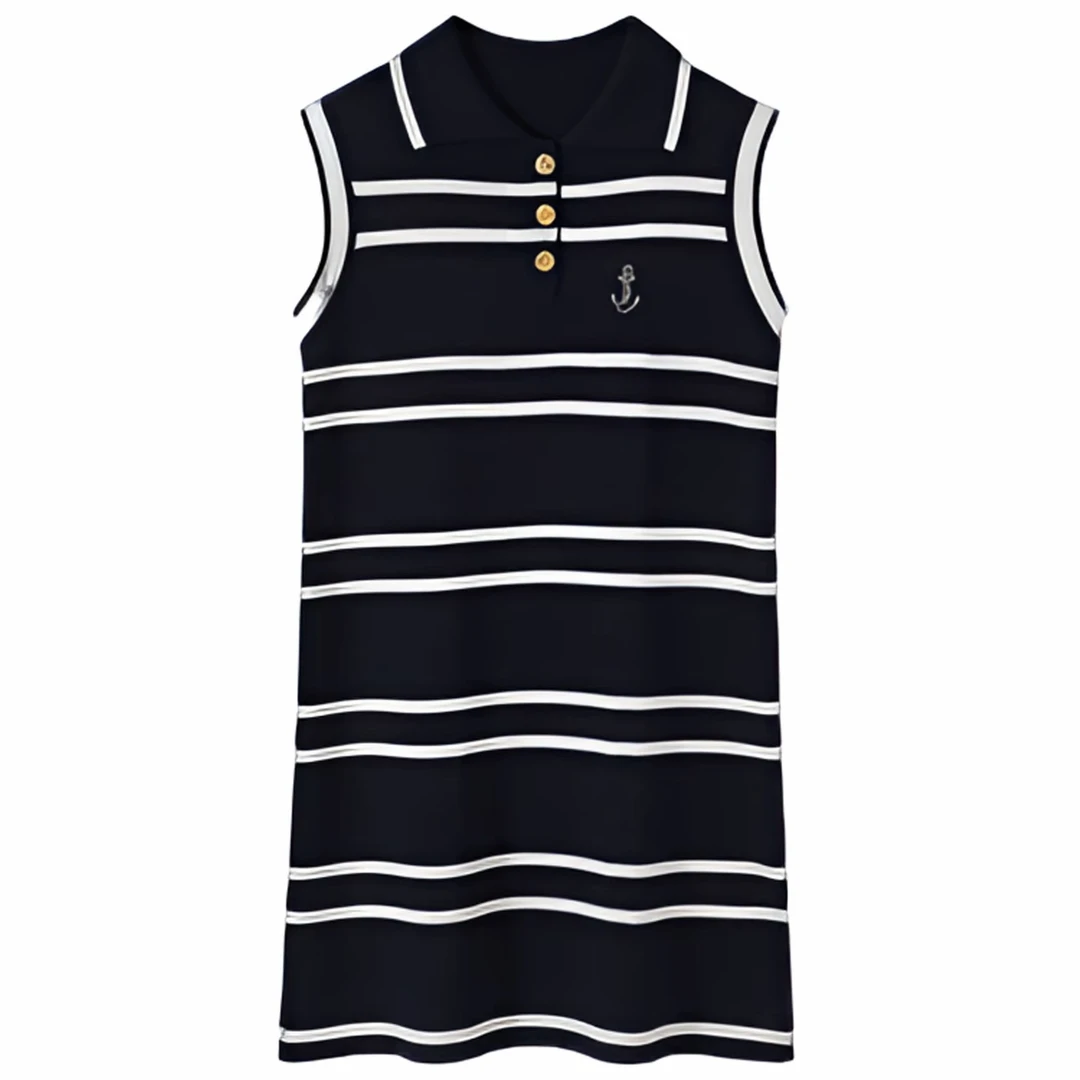 休闲气质无袖条纹套头法式黑白条纹连衣裙A158