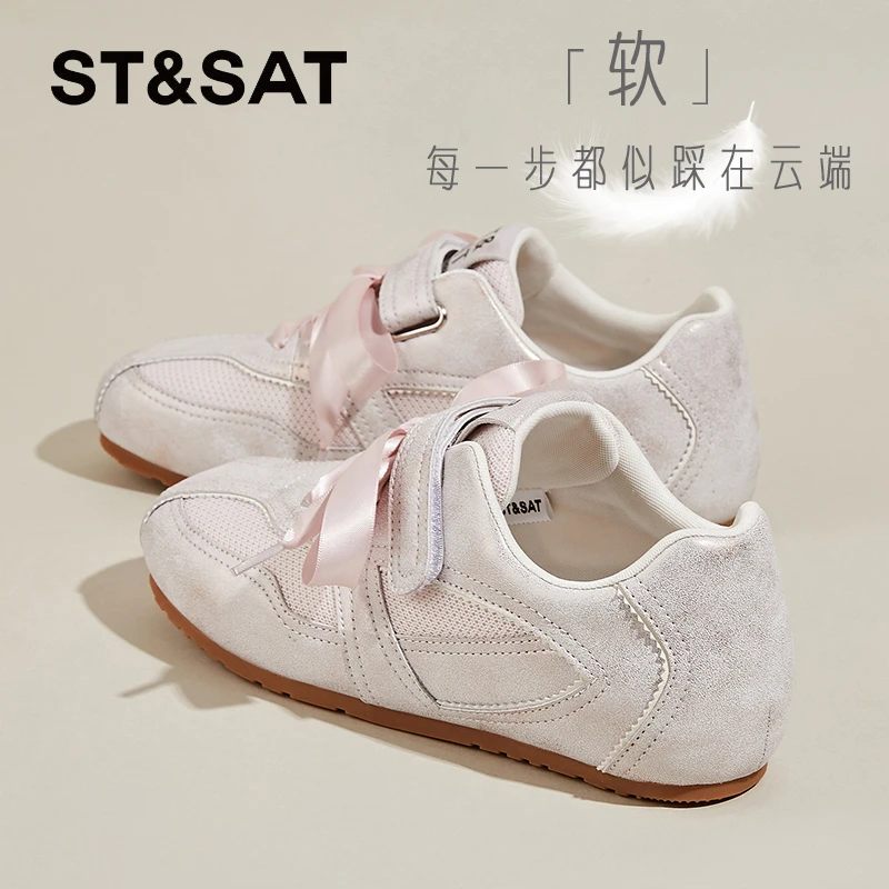 星期六粉色绸缎带德训鞋2025夏季爆款女鞋魔术贴小白鞋运动休闲鞋