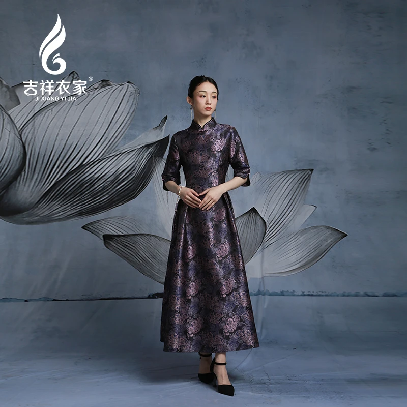 JIXIANGYIJIA/吉祥衣家红紫斗芳菲中国风连衣裙复古933234095