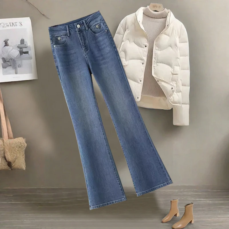 时尚裤子女款2025春秋新款高腰微喇弹力软牛仔裤女蓝色长裤马蹄裤