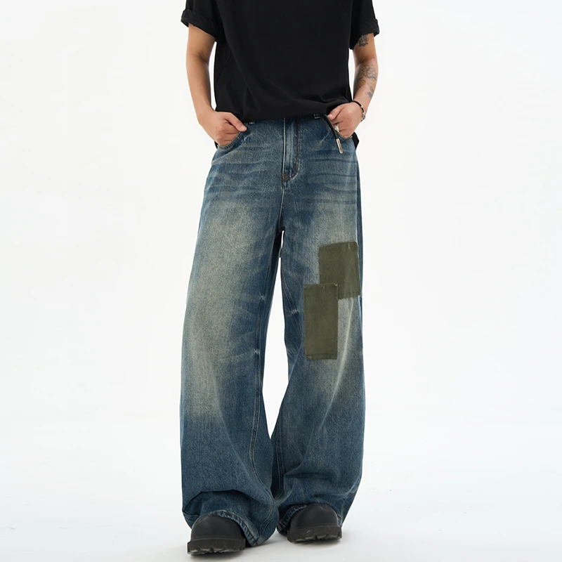 CDDR美式复古小众补丁贴布拼接cleanfit直筒宽松痞帅蓝色牛仔裤子
