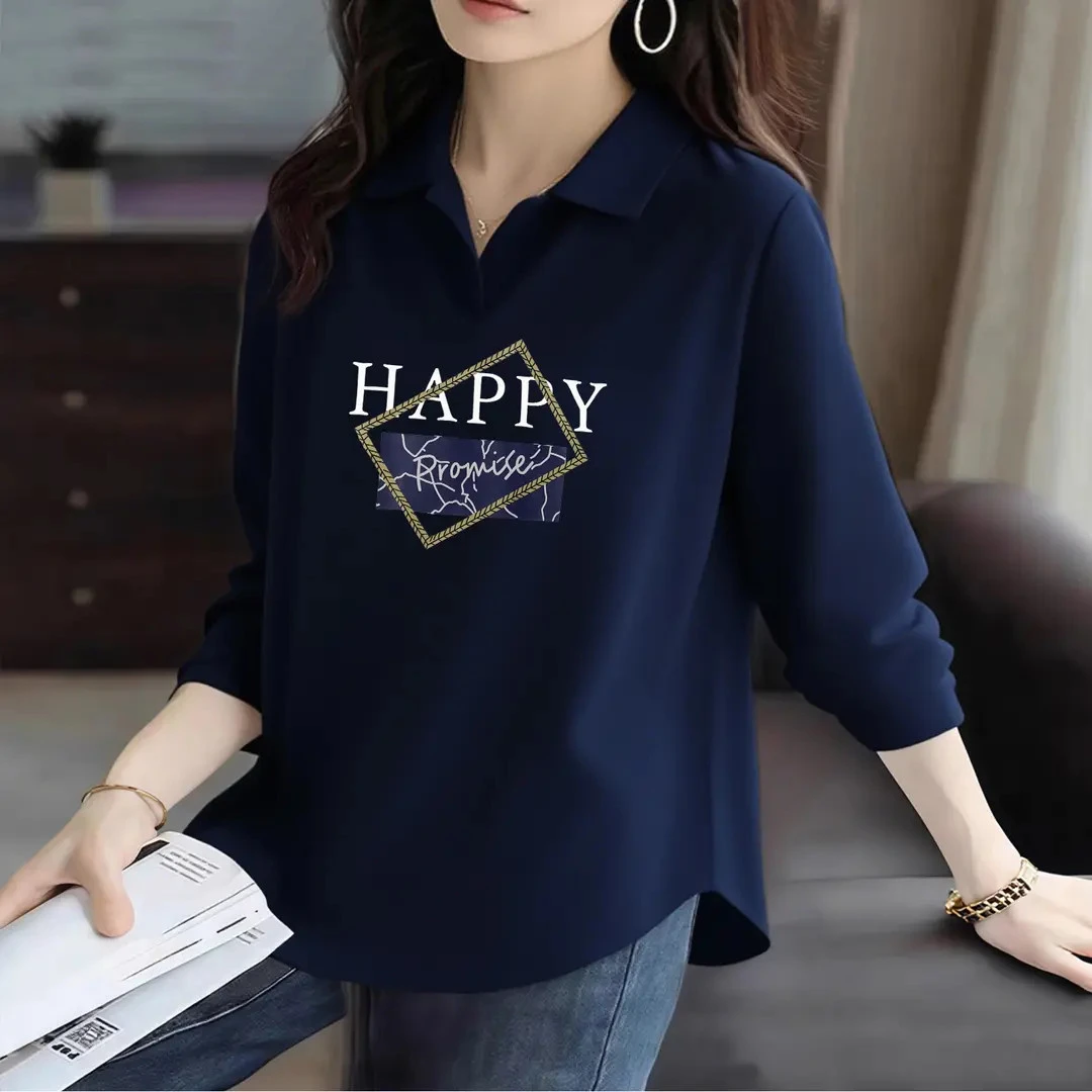 纯棉POLO衫女长袖秋季休闲大码宽松显瘦减龄弧形下摆翻领打底T恤