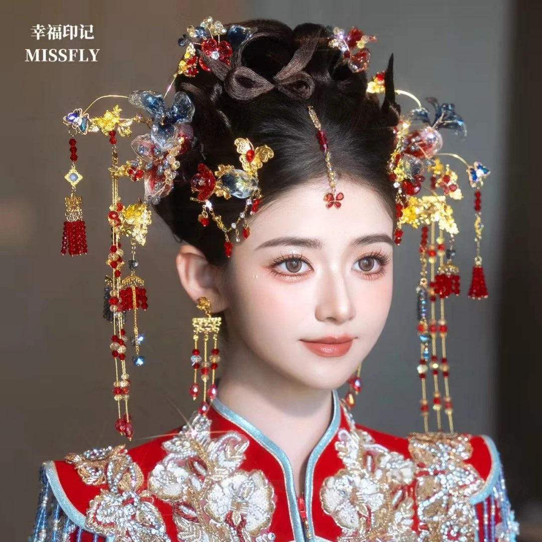 金红蓝色秀禾头饰新娘新中式婚礼发饰高级汉服边夹分体发饰减龄