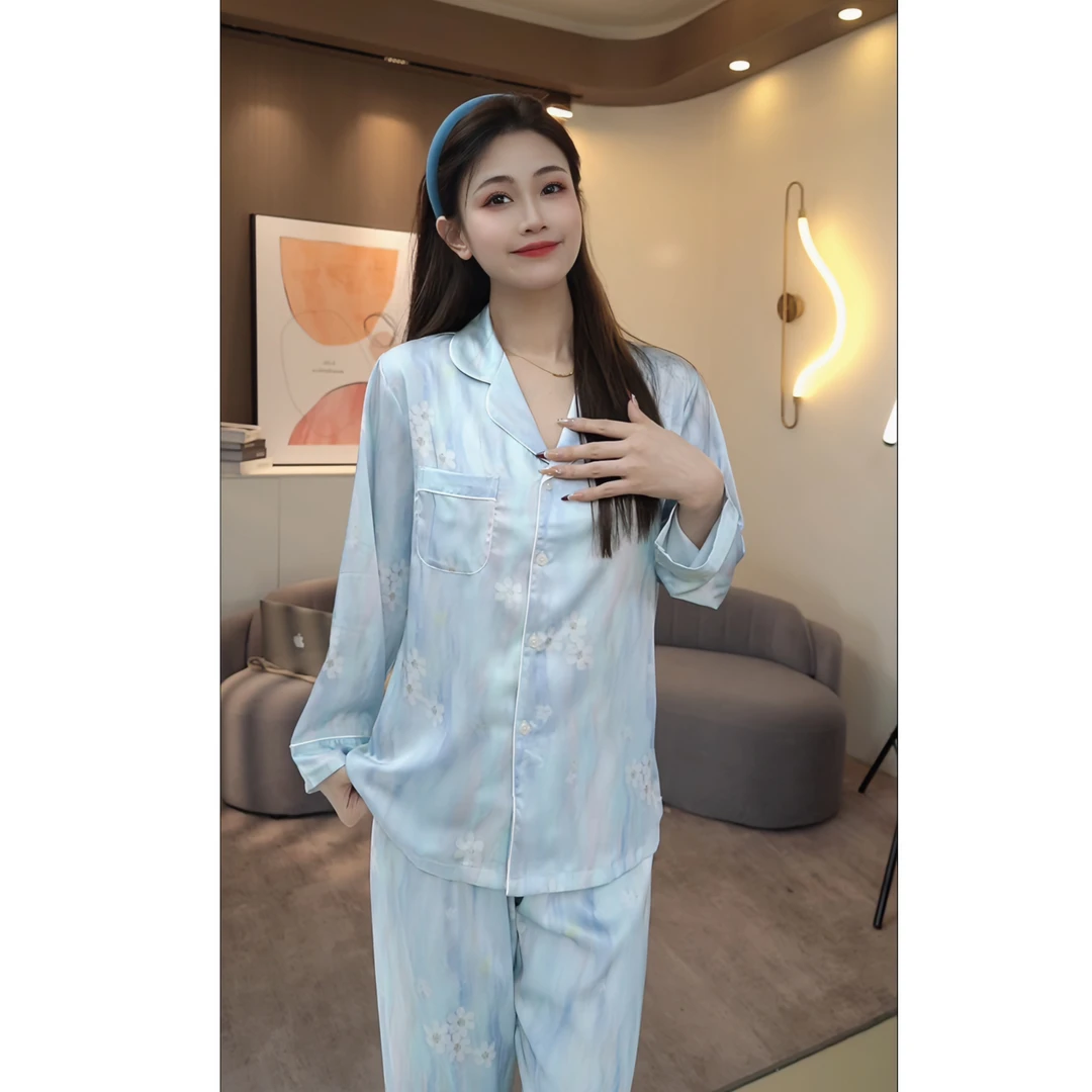 【秀秀家】春季上新《渐变琉璃》丝质高定长袖长裤睡衣家居服套装