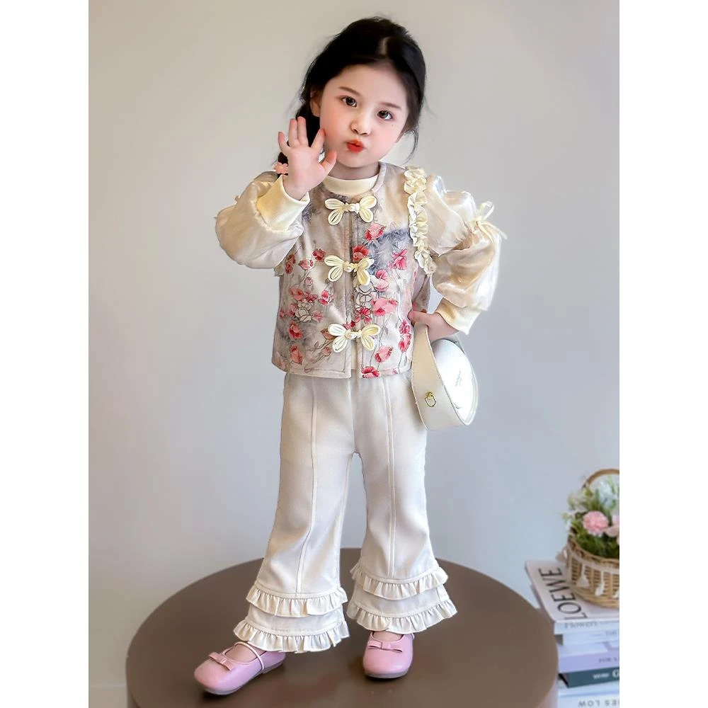 云梦Kids女童国风碎花马甲长袖套装儿童新中式秋装宝宝春秋季洋气