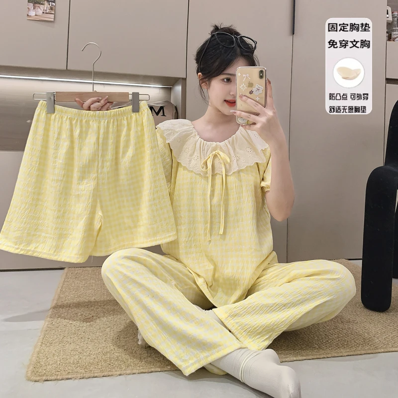 新款云朵棉带胸垫睡衣女夏季短袖三件套甜美格子家居服套装可外穿