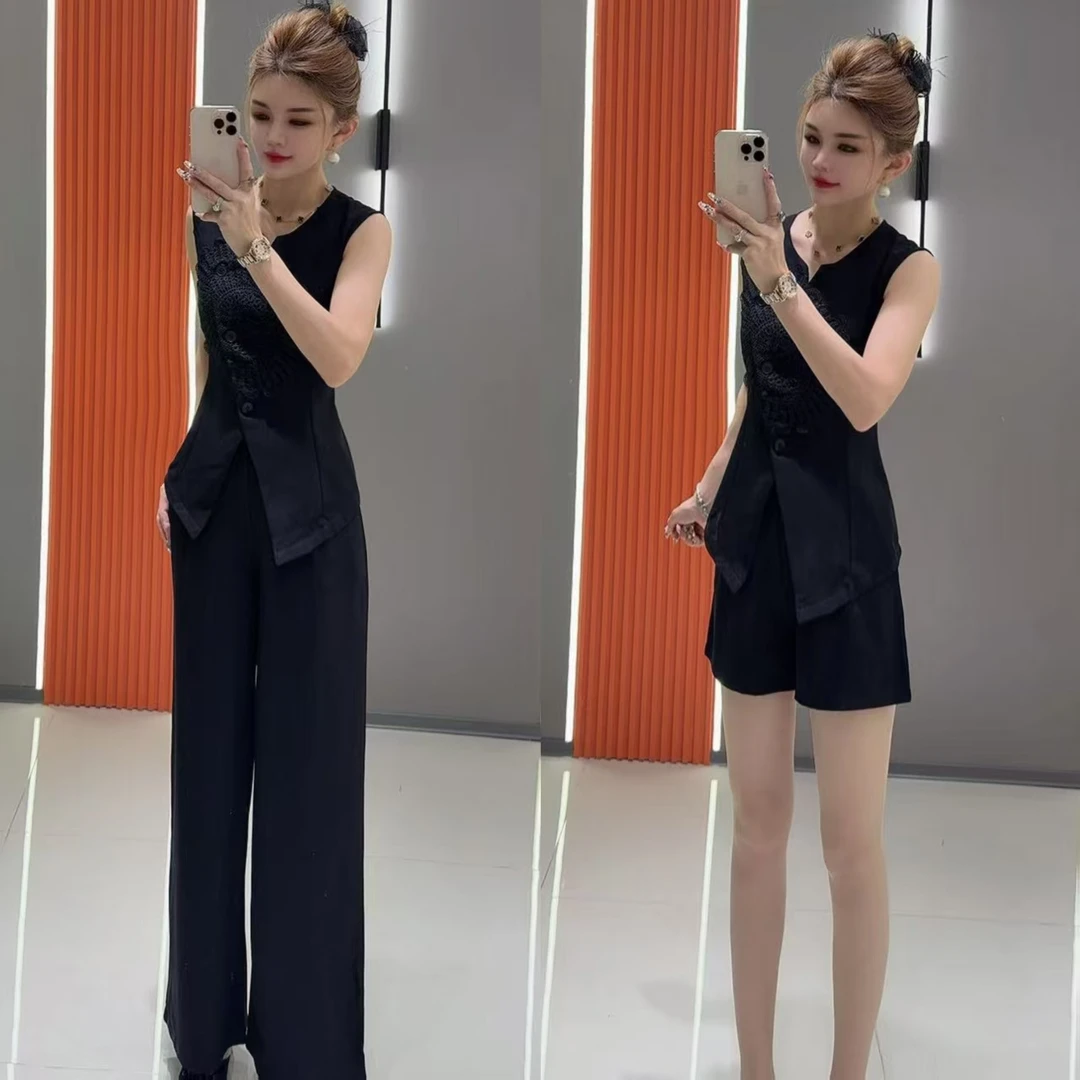 爆款2021 气质蕾丝雕花无袖开衩上衣 加 长裤 两件套