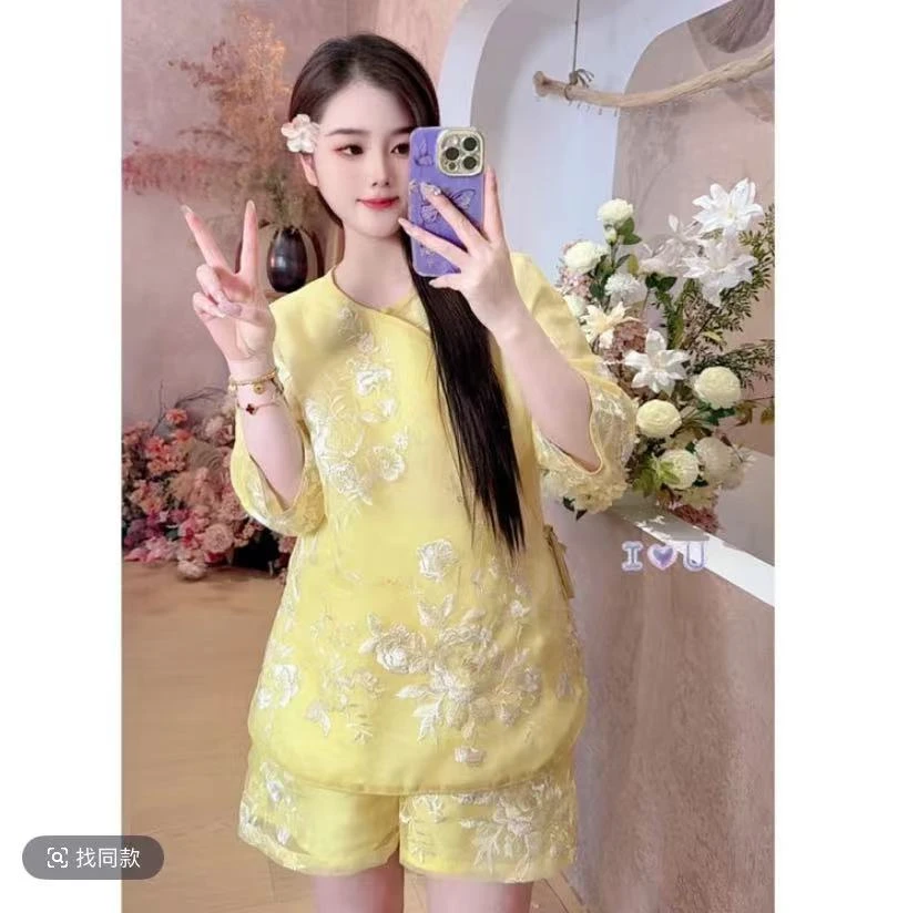 【花嫚】2025新款夏季新中式上衣+短裤定位绣花薄款国风两件套装女