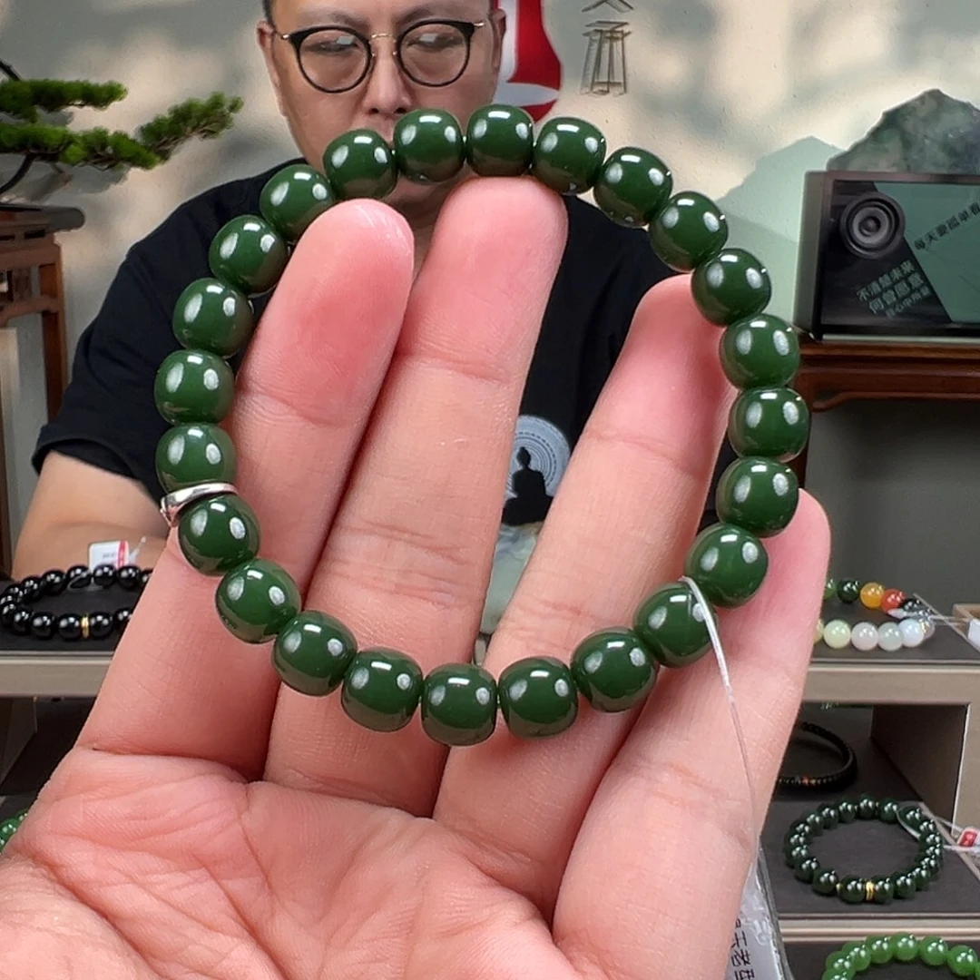 和田玉未镶嵌手链卡9mm菠菜绿