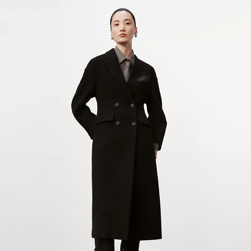 H·GENTEEL荷高新款冬装女微阔拼接袖翻领收腰大衣GCE44500573