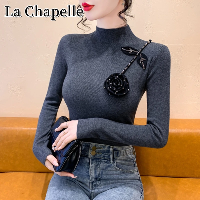 拉夏贝尔秋季半高领立体花朵钉珠打底衫高级百搭显瘦长袖针织上衣