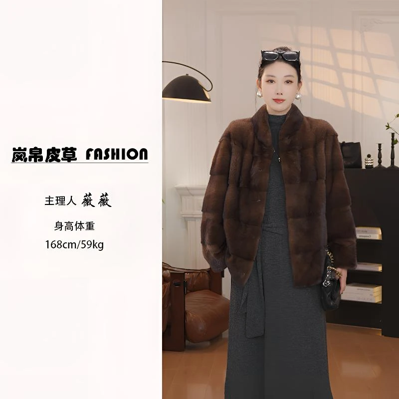【岚帛】新款进口整貂皮大衣女水貂皮草外套横排立领通勤风短款休闲