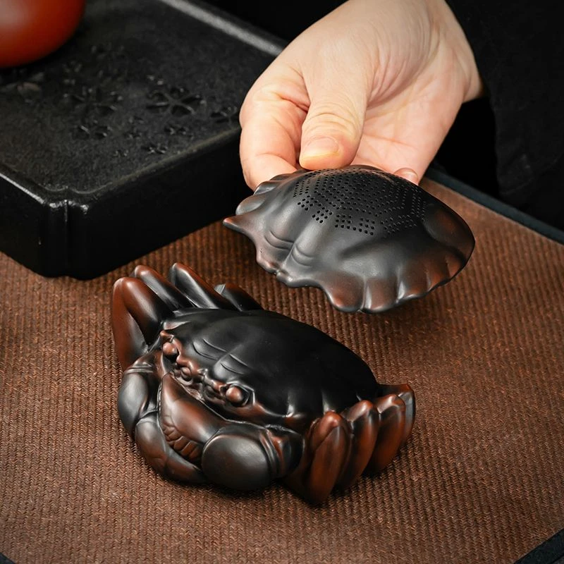 紫陶螃蟹茶漏全陶瓷一体过滤组可养茶宠摆件家用茶叶过滤网茶隔