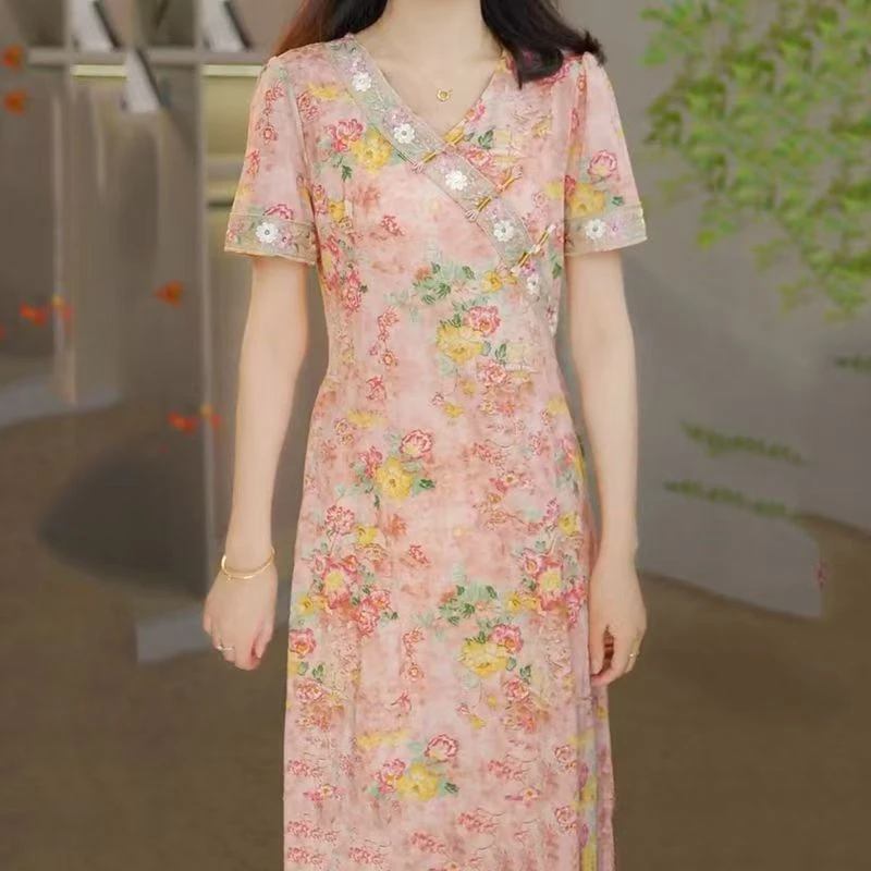 10360-夏季新款宽松中长款连衣裙显瘦高端气质妈妈旗袍裙子【A仓】
