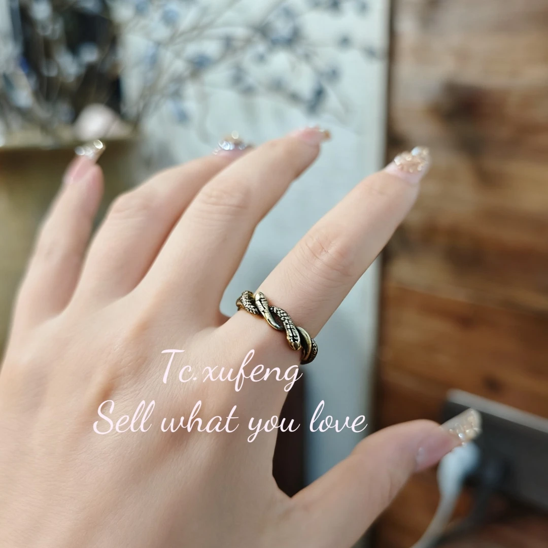 纯铜锆石戒指 灵蛇戒指复古古铜不掉色芒星蛇雕刻纹理转运黑金戒