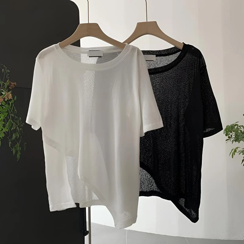 不规则白色防晒衫t恤女开叉微透薄款打底衫夏季宽松面膜罩衫上衣