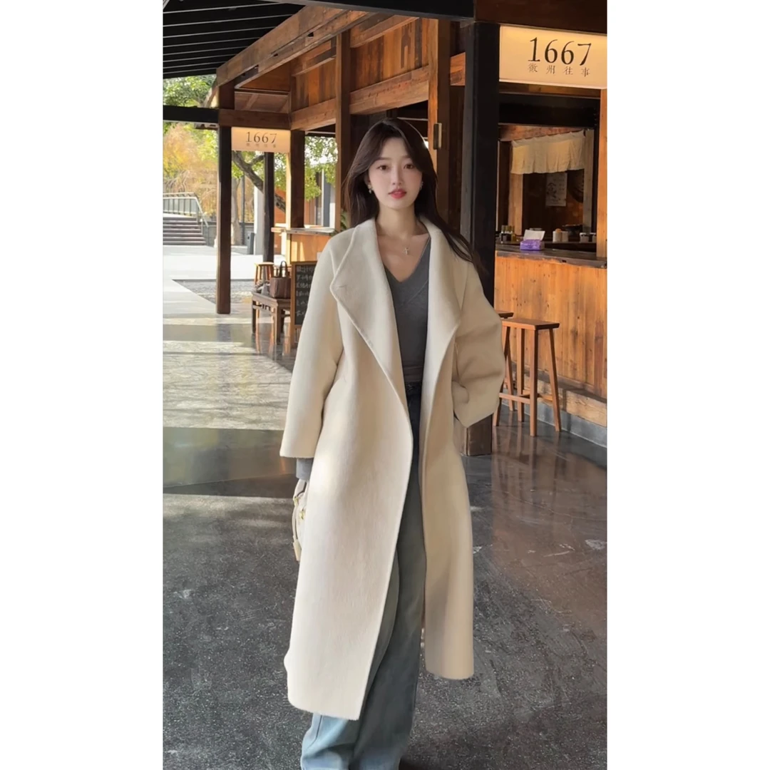 【Frida.zz】宾奈伦冬季雅致匠心手工绵羊毛廓形搭片系带毛呢大衣