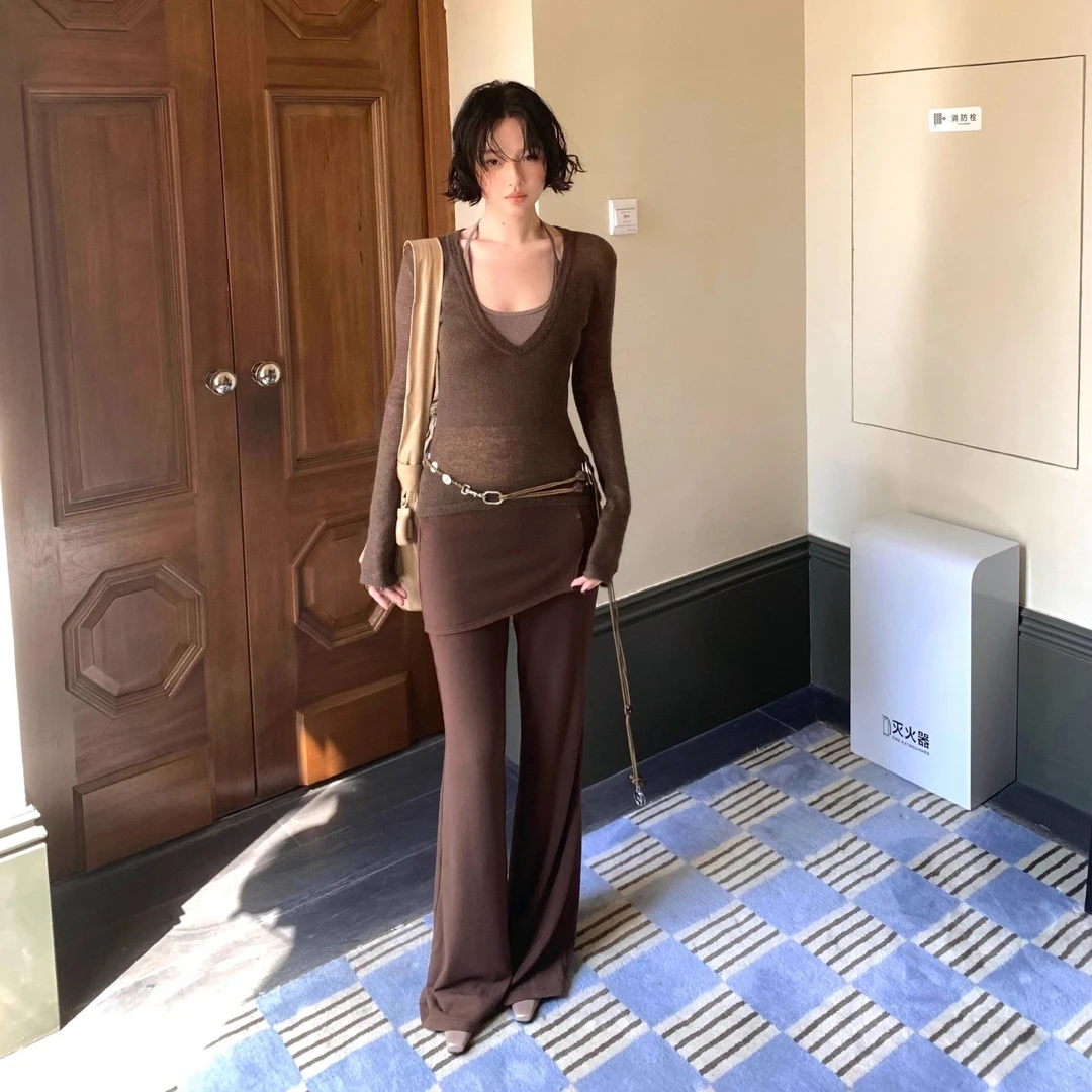 酒午自制【绒绒暖茶】秋季新款高级感港风复古高腰微喇裙裤KLF4254