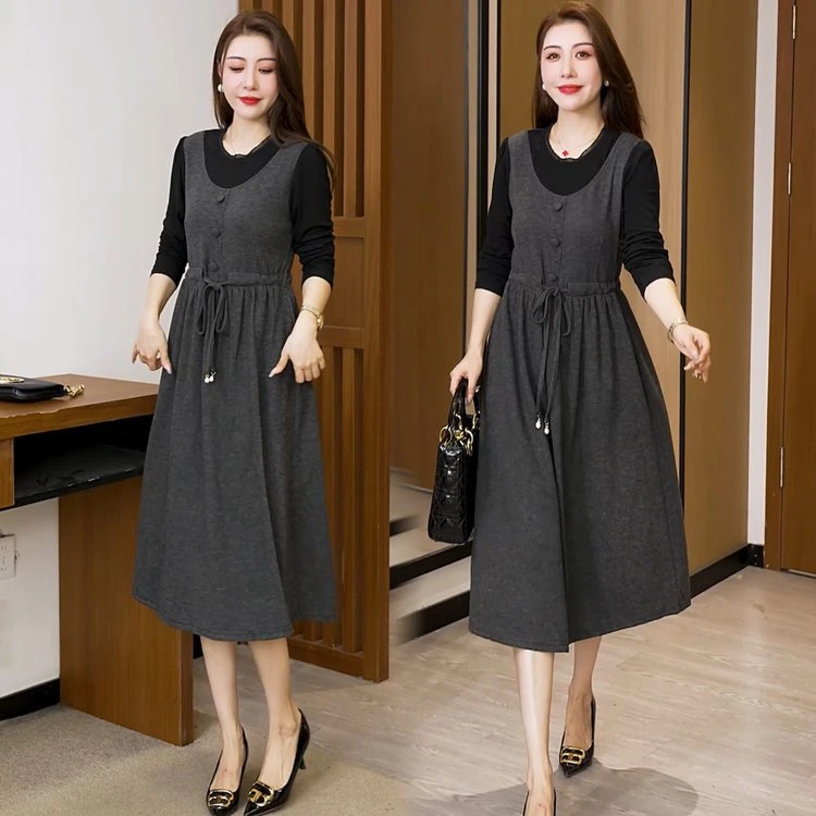 2025春秋新款时尚洋气背心假两件连衣裙女收腰显瘦中长款打底裙子